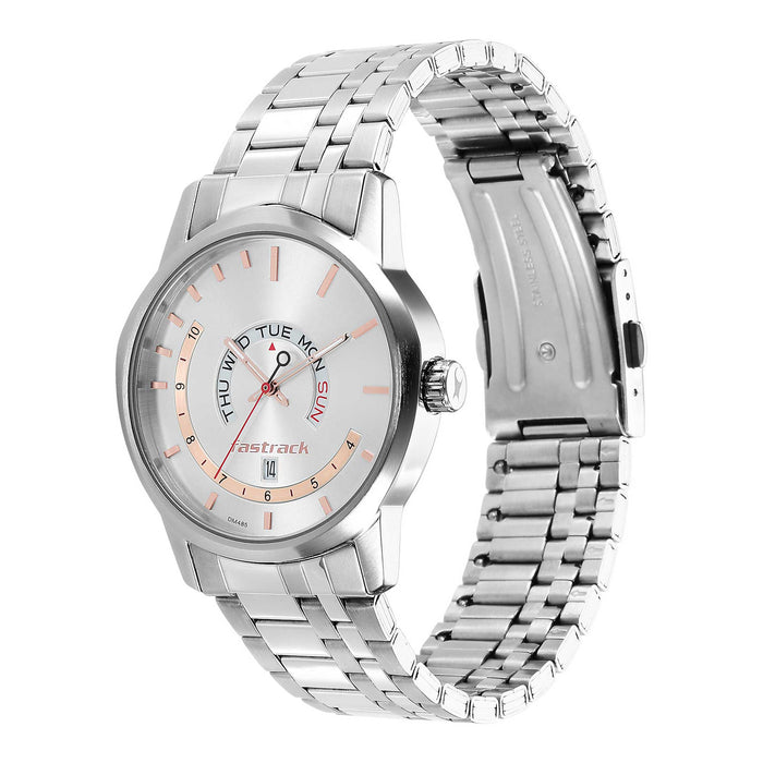 Fastrack Exuberant Quartz Analog with Day and Date Silver Dial Metal Strap Watch for Guys