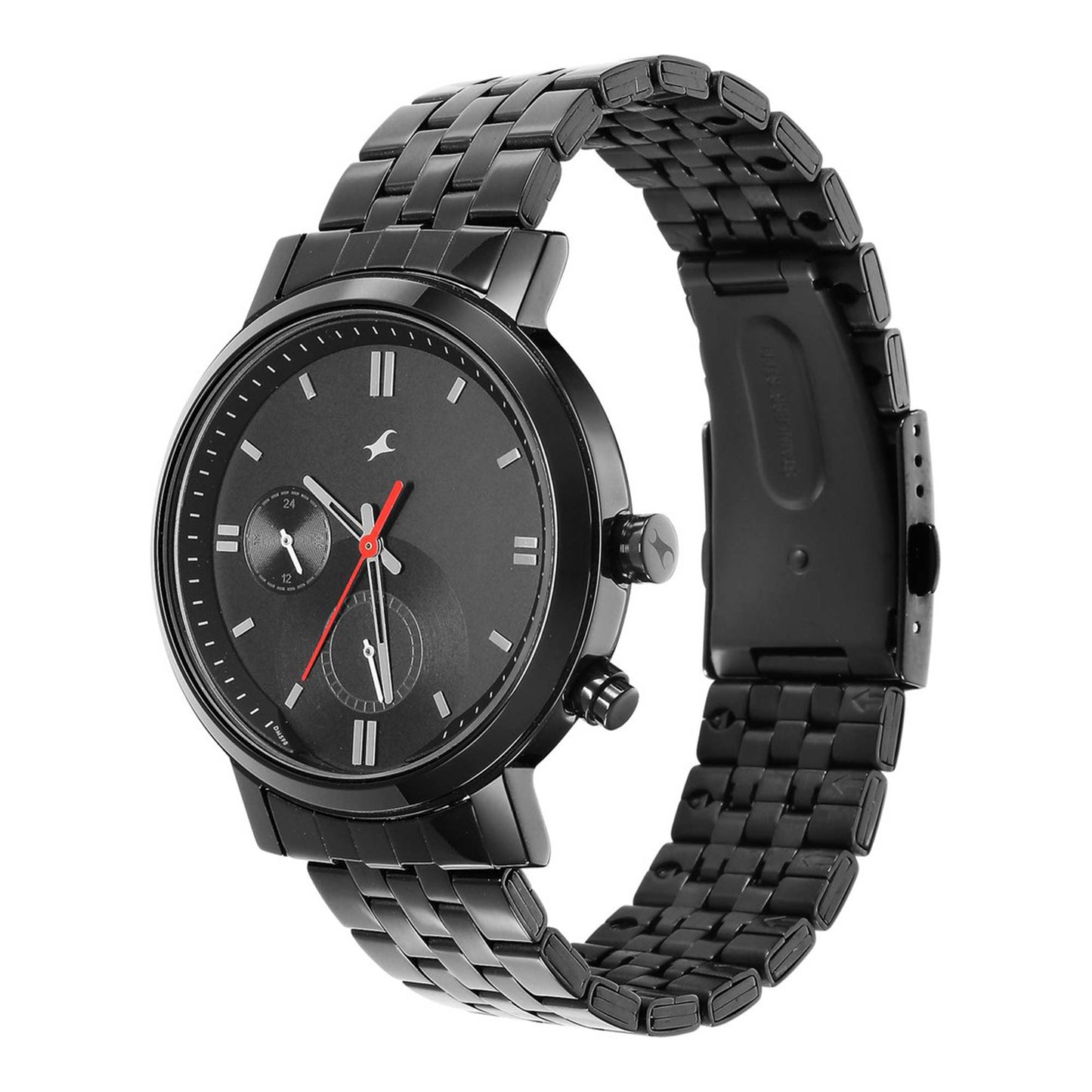 Fastrack Tick Tock Quartz Alog Black Dial Metal Strap Watch for Guys