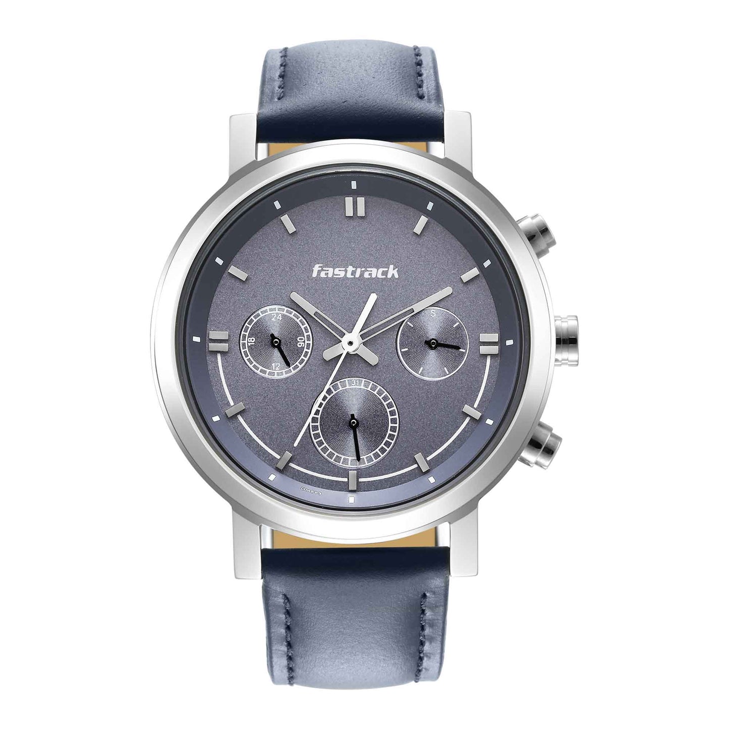 Fastrack Tick Tock Quartz Multifunction Blue Dial Leather Strap Watch for Guys