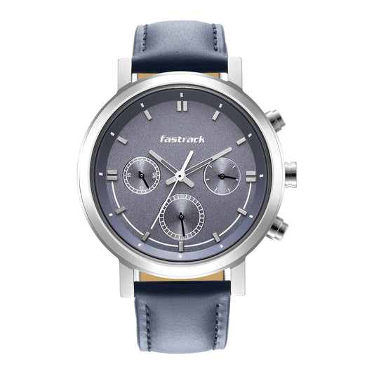 Fastrack Tick Tock Quartz Multifunction Blue Dial Leather Strap Watch for Guys