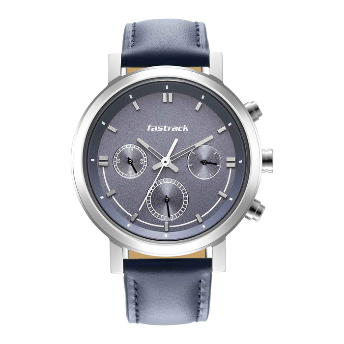 Fastrack Tick Tock Quartz Multifunction Blue Dial Leather Strap Watch for Guys