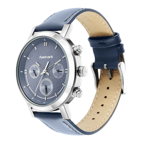 Fastrack Tick Tock Quartz Multifunction Blue Dial Leather Strap Watch for Guys