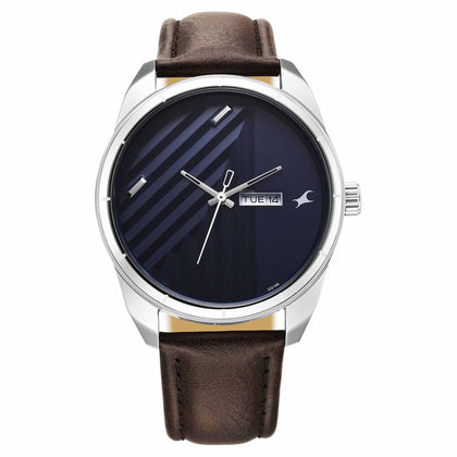 Fastrack Fleek Quartz Analog with Day and Date Blue Dial Leather Strap Watch For Guys