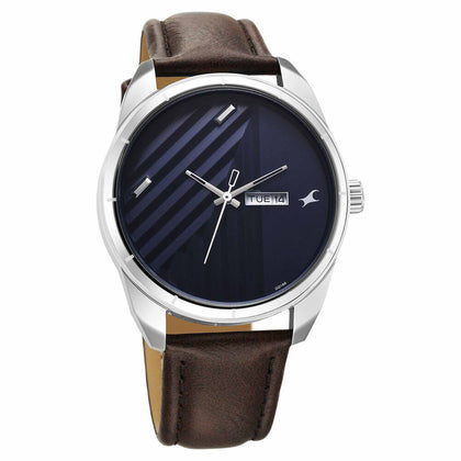 Fastrack Fleek Quartz Analog with Day and Date Blue Dial Leather Strap Watch For Guys