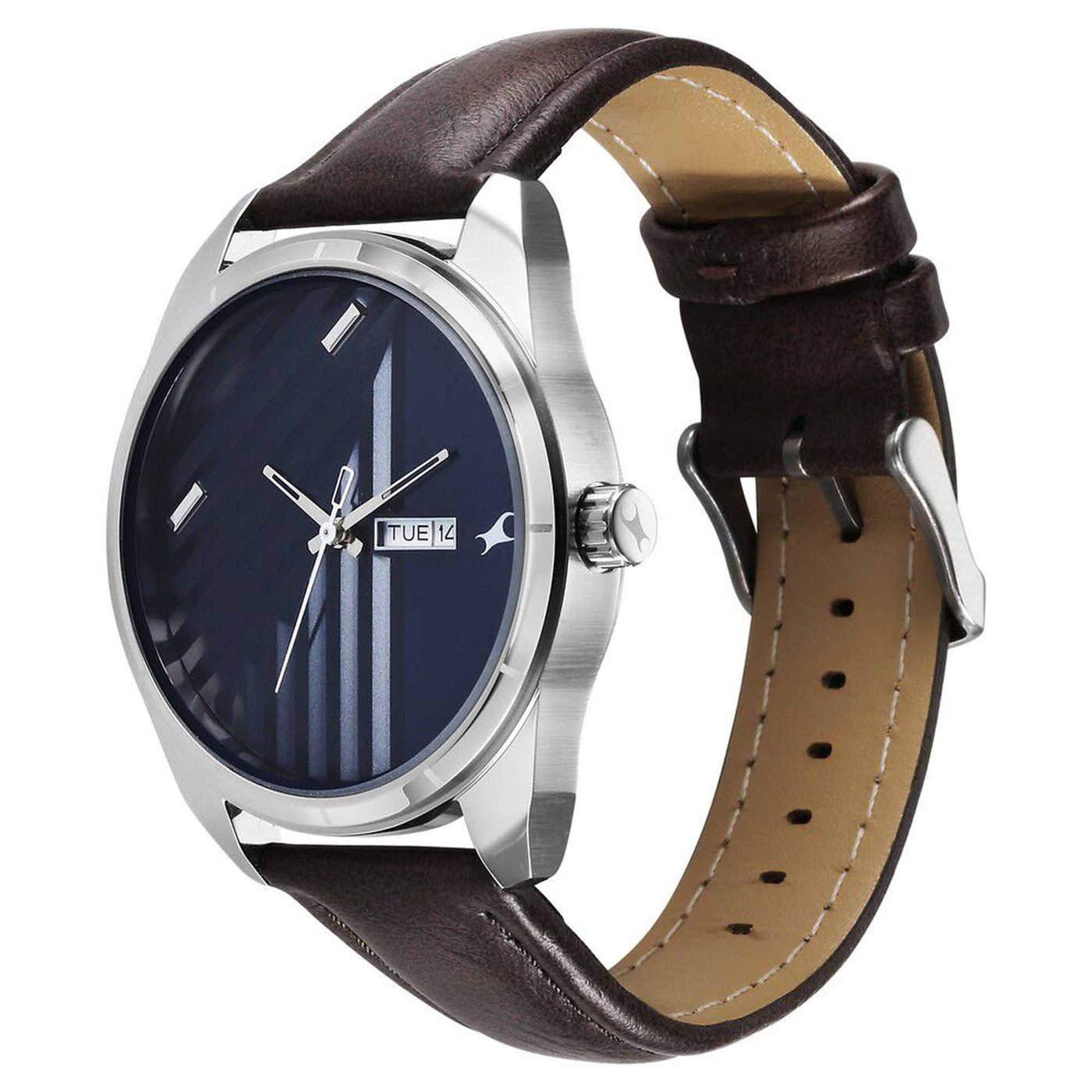 Fastrack Fleek Quartz Analog with Day and Date Blue Dial Leather Strap Watch For Guys
