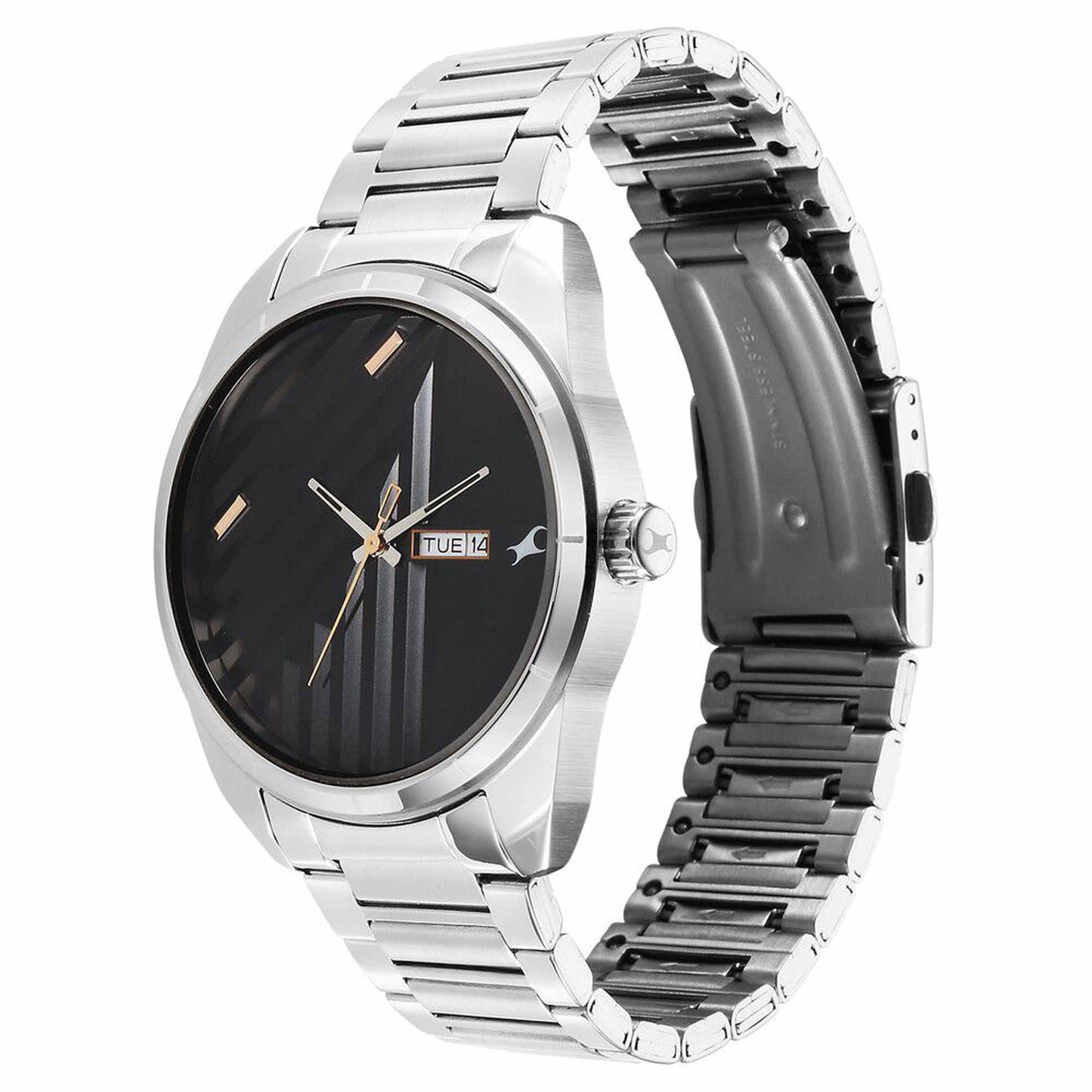 Fastrack Fleek Quartz Analog with Day and Date Black Dial Stainless Steel Strap Watch For Guys