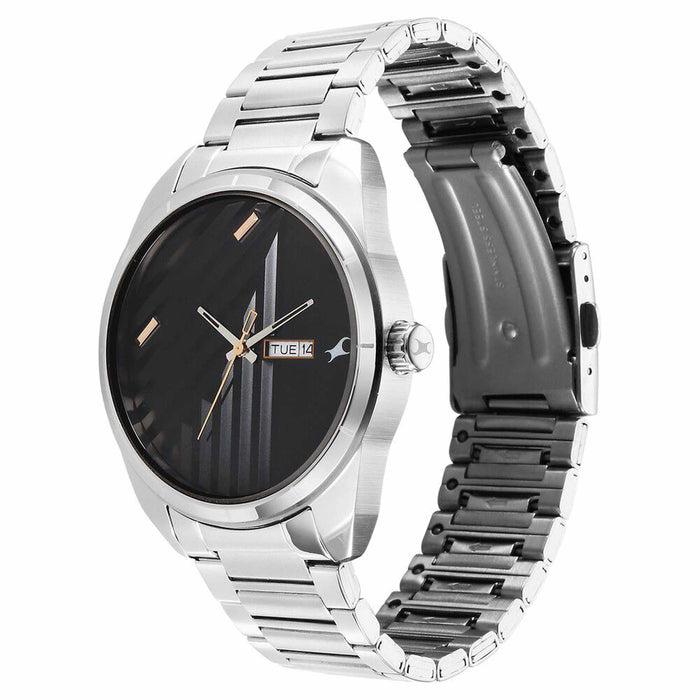 Fastrack Fleek Quartz Analog with Day and Date Black Dial Stainless Steel Strap Watch For Guys