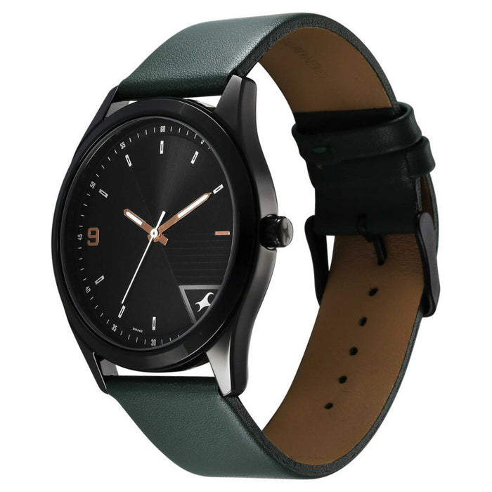Fastrack Stunners Quartz Analog Black Dial Green Leather Strap Watch For Guys