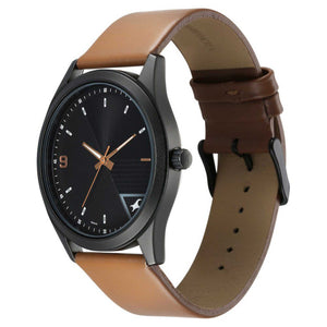 Fastrack Stunners Quartz Analog Black Dial Brown Leather Strap Watch For Guys