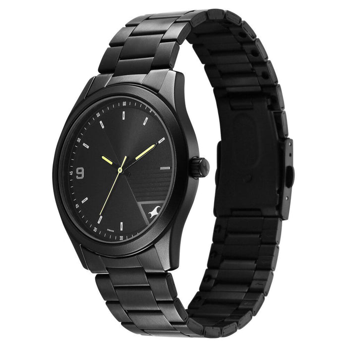 Fastrack Stunners Quartz Analog Black Dial Black Metal Strap Watch For Guys