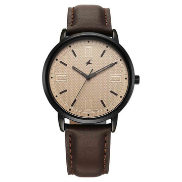 Fastrack Stunners Beige Dial Brown Leather Strap Analog Watch for Men