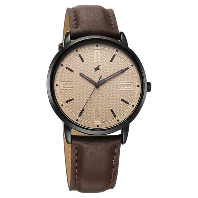 Fastrack Stunners Beige Dial Brown Leather Strap Analog Watch for Men