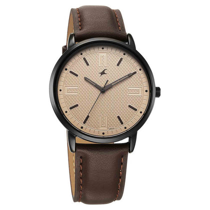 Fastrack Stunners Beige Dial Brown Leather Strap Analog Watch for Men
