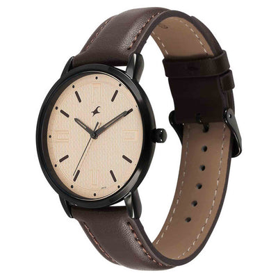 Fastrack Stunners Beige Dial Brown Leather Strap Analog Watch for Men