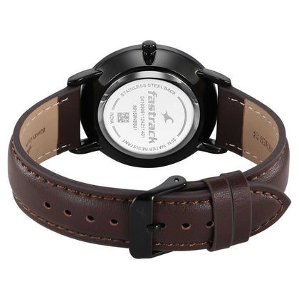 Fastrack Stunners Beige Dial Brown Leather Strap Analog Watch for Men