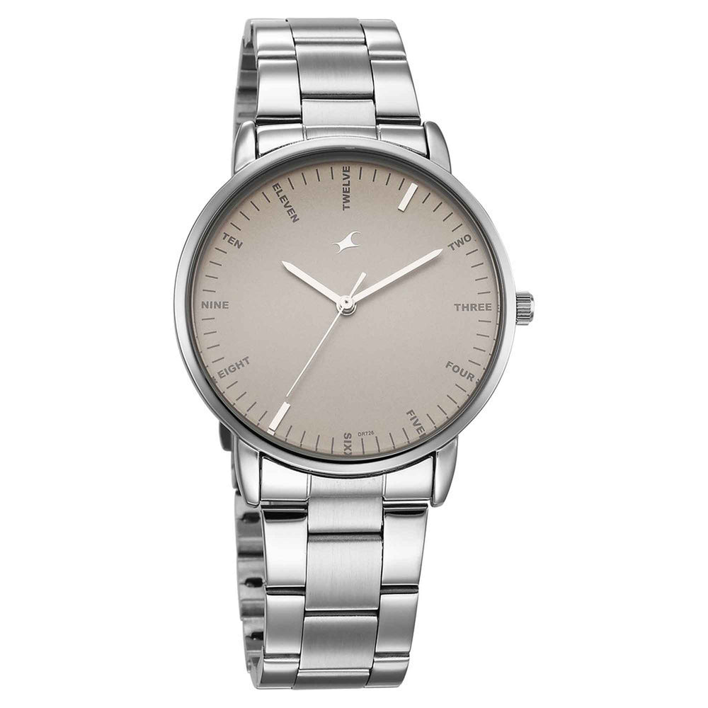 Fastrack Stunners Beige Dial Silver Metal Strap Analog Watch for Men