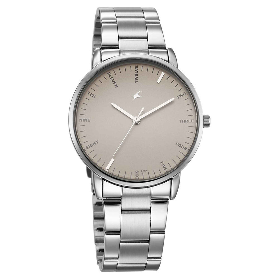 Fastrack Stunners Beige Dial Silver Metal Strap Analog Watch for Men