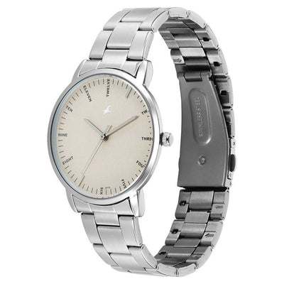 Fastrack Stunners Beige Dial Silver Metal Strap Analog Watch for Men