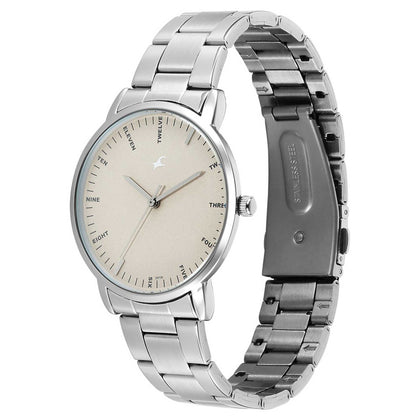 Fastrack Stunners Beige Dial Silver Metal Strap Analog Watch for Men