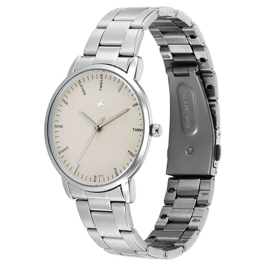 Fastrack Stunners Beige Dial Silver Metal Strap Analog Watch for Men