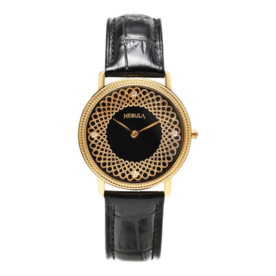 Titan Nebula Filigree 18k Gold Analog Diamond Studded Indices Leather Strap Watch for Men