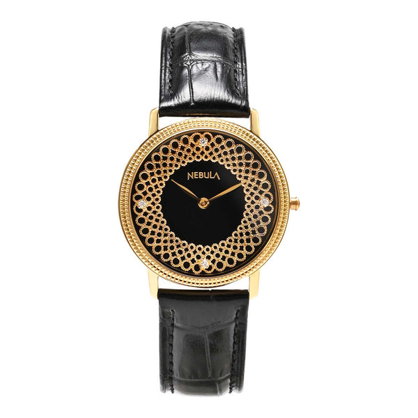 Titan Nebula Filigree 18k Gold Analog Diamond Studded Indices Leather Strap Watch for Men