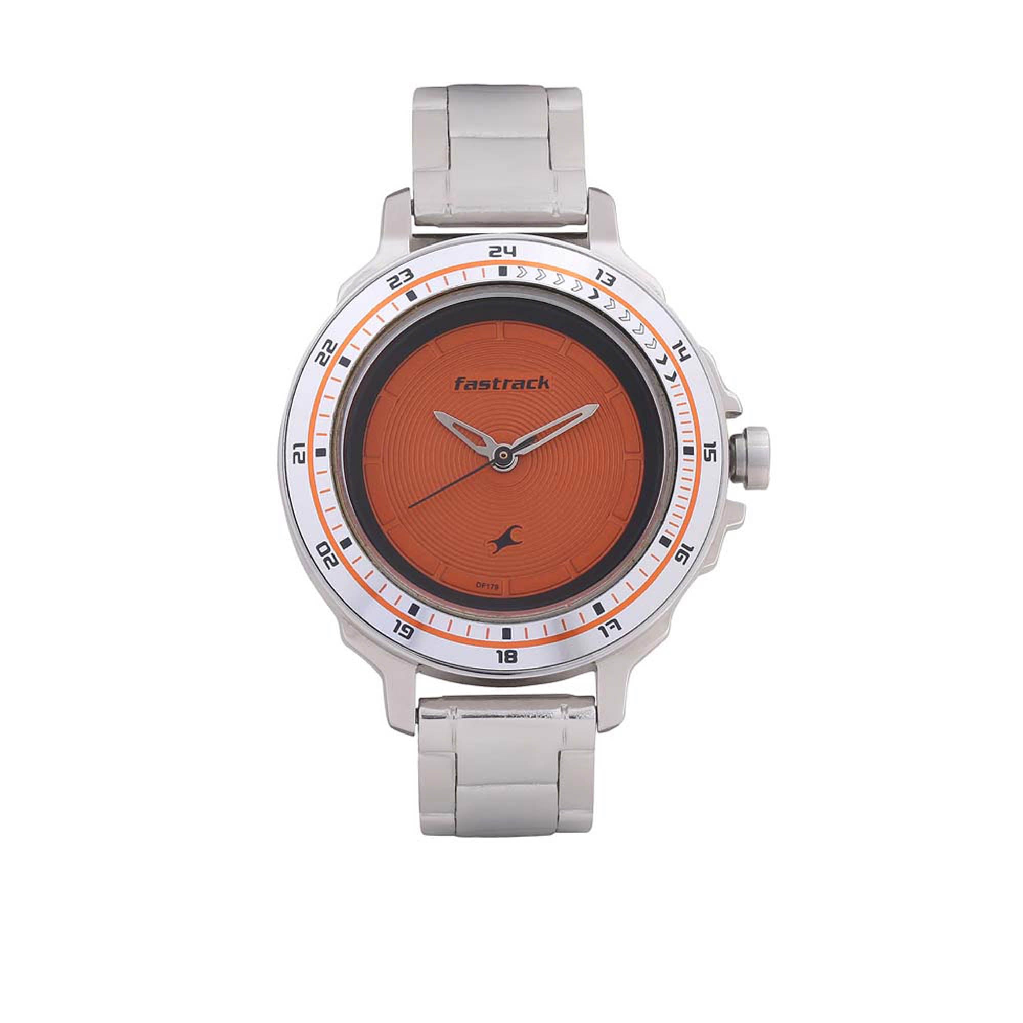 Fastrack Quartz Analog Orange Dial Stainless Steel Strap Watch for Girls