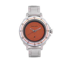 Fastrack Quartz Analog Orange Dial Stainless Steel Strap Watch for Girls
