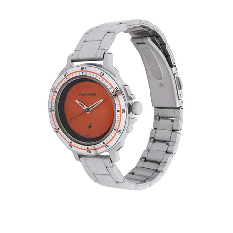 Fastrack Quartz Analog Orange Dial Stainless Steel Strap Watch for Girls