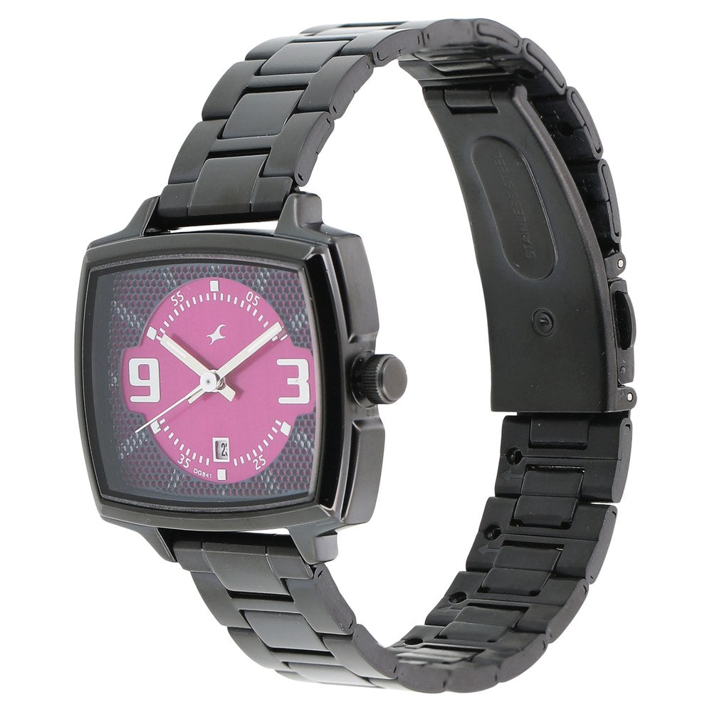 Fastrack Loopholes Quartz Analog with Date Pink Dial Stainless Steel Strap Watch for Girls