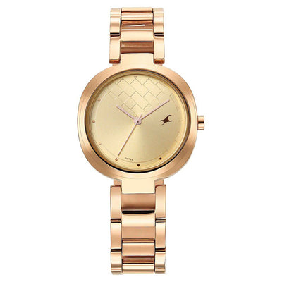 Fastrack Stunners Quartz Alog Golden Dial Stainless Steel Strap Watch for Girls
