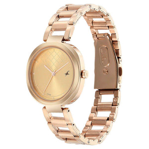 Fastrack Stunners Quartz Alog Golden Dial Stainless Steel Strap Watch for Girls