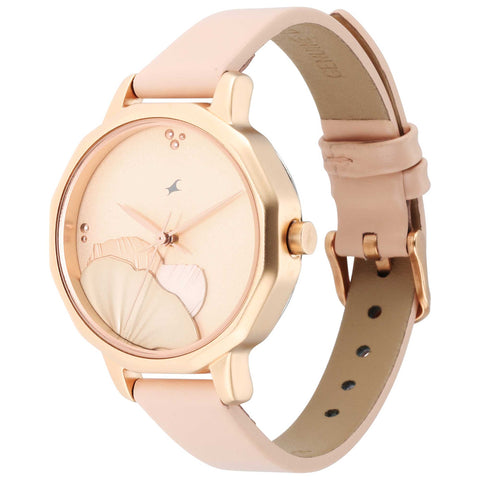 Fastrack Uptown Retreat Quartz Analog Rose Gold Dial Leather Strap Watch for Girls
