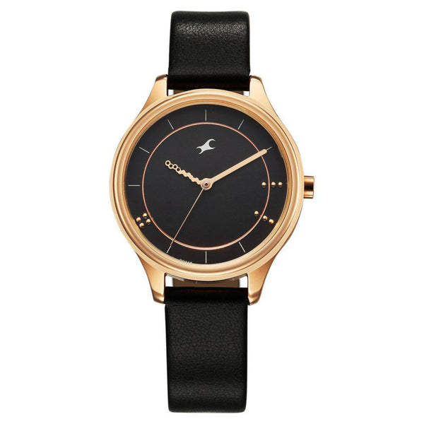 Fastrack Stunners Quartz Analog Black Dial Black Leather Strap Watch For Girls