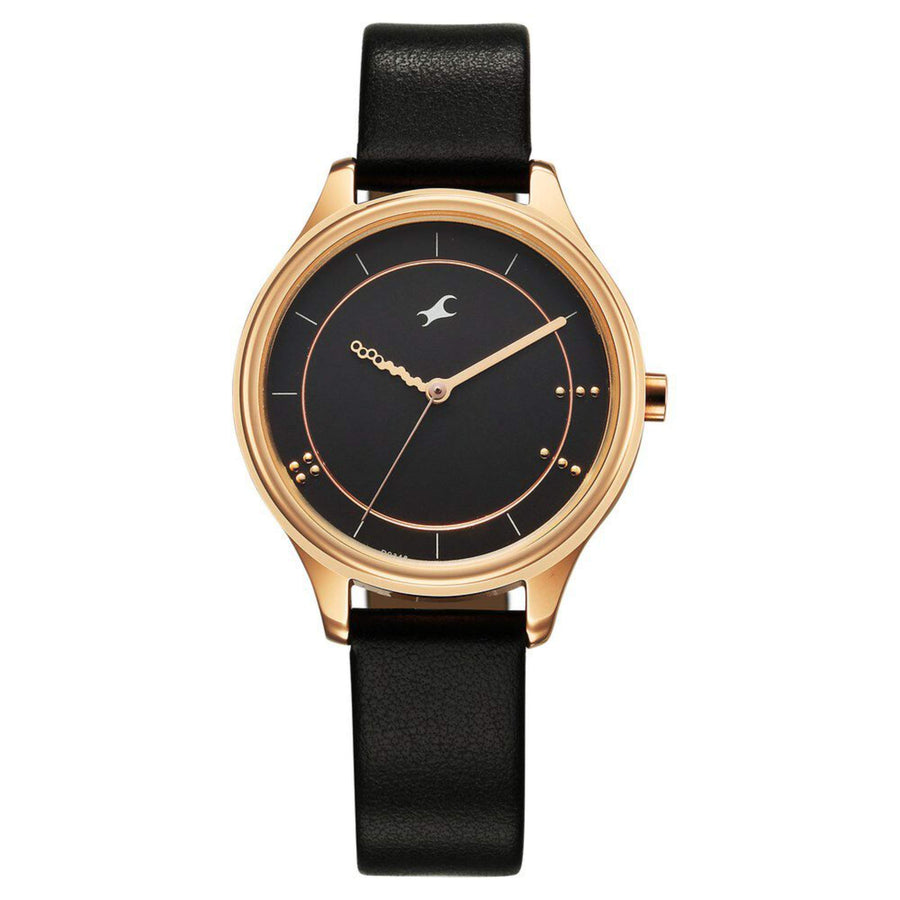 Fastrack Stunners Quartz Analog Black Dial Black Leather Strap Watch For Girls