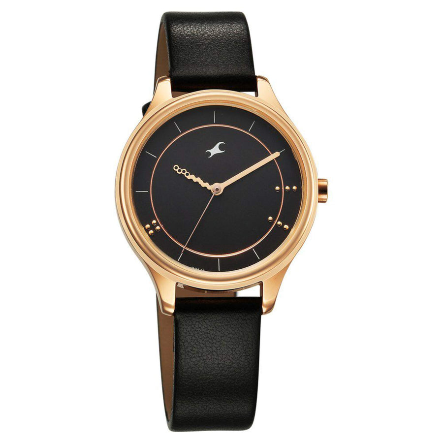 Fastrack Stunners Quartz Analog Black Dial Black Leather Strap Watch For Girls