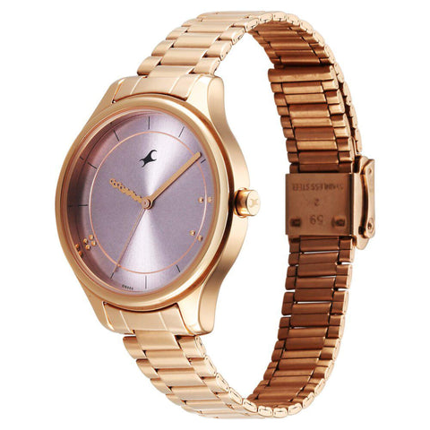 Fastrack Stunners Quartz Analog Pink Dial Rose Gold Metal Strap Watch For Girls