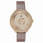 Fastrack Stunners Multifunction Rose Gold Dial Brown Leather Strap Watch For Girls