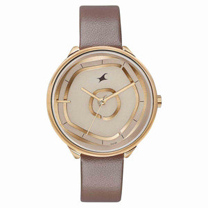 Fastrack Stunners Multifunction Rose Gold Dial Brown Leather Strap Watch For Girls
