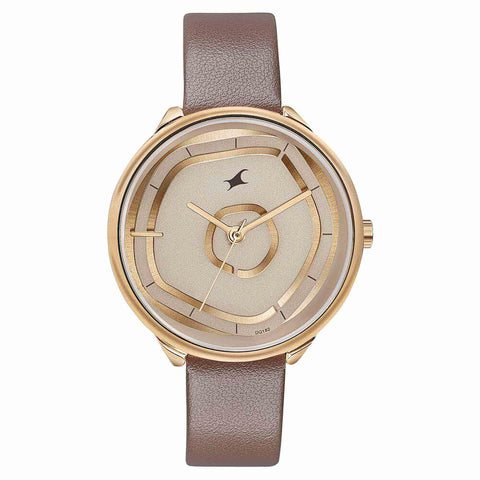 Fastrack Stunners Multifunction Rose Gold Dial Brown Leather Strap Watch For Girls