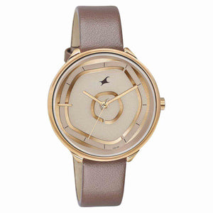 Fastrack Stunners Multifunction Rose Gold Dial Brown Leather Strap Watch For Girls