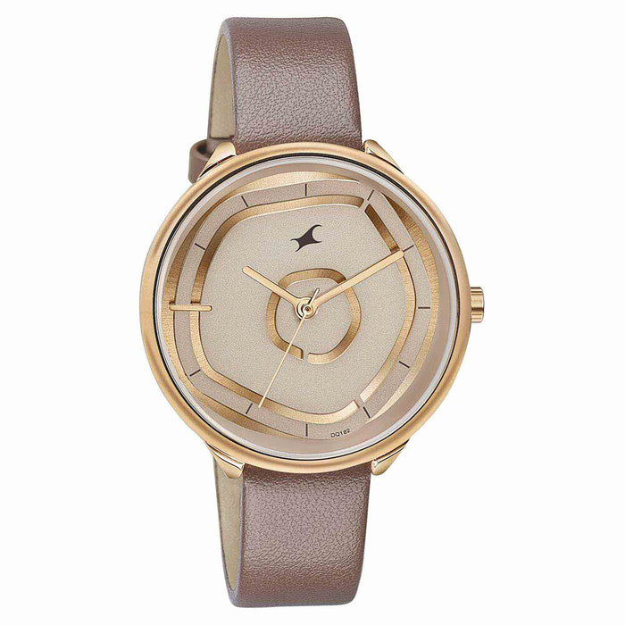 Fastrack Stunners Multifunction Rose Gold Dial Brown Leather Strap Watch For Girls