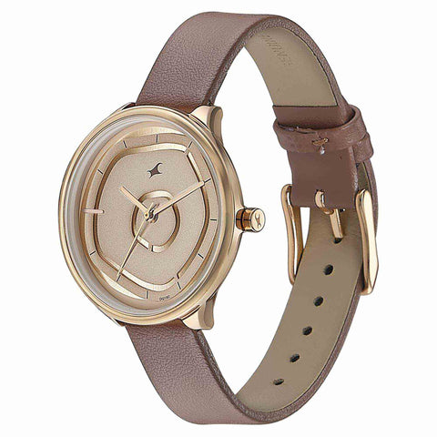 Fastrack Stunners Multifunction Rose Gold Dial Brown Leather Strap Watch For Girls