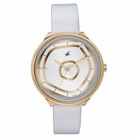 Fastrack Stunners Multifunction Rose Gold Dial White Leather Strap Watch For Girls