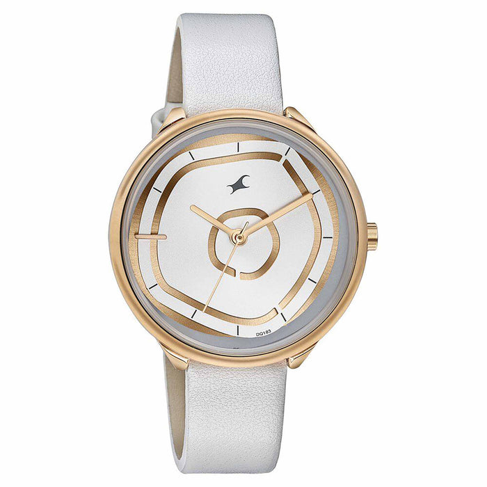 Fastrack Stunners Multifunction Rose Gold Dial White Leather Strap Watch For Girls