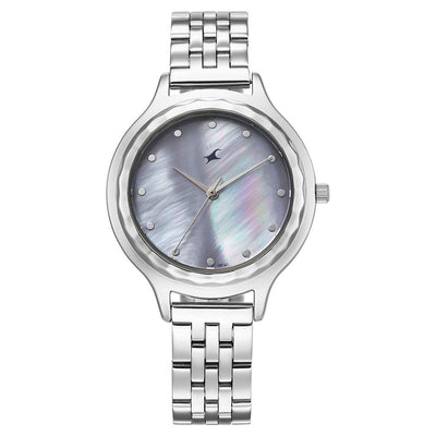 Fastrack Stunners Mother of Pearl Dial Silver Metal Strap Analog Watch for Women