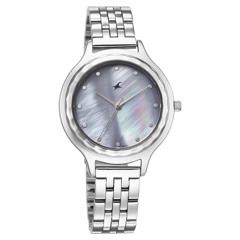 Fastrack Stunners Mother of Pearl Dial Silver Metal Strap Analog Watch for Women
