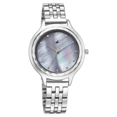 Fastrack Stunners Mother of Pearl Dial Silver Metal Strap Analog Watch for Women