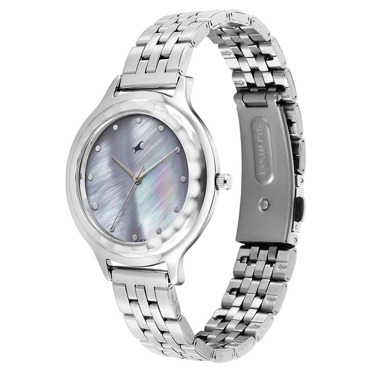 Fastrack Stunners Mother of Pearl Dial Silver Metal Strap Analog Watch for Women