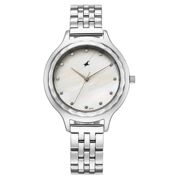 Fastrack Stunners Mother of Pearl Dial Silver Metal Strap Analog Watch for Women